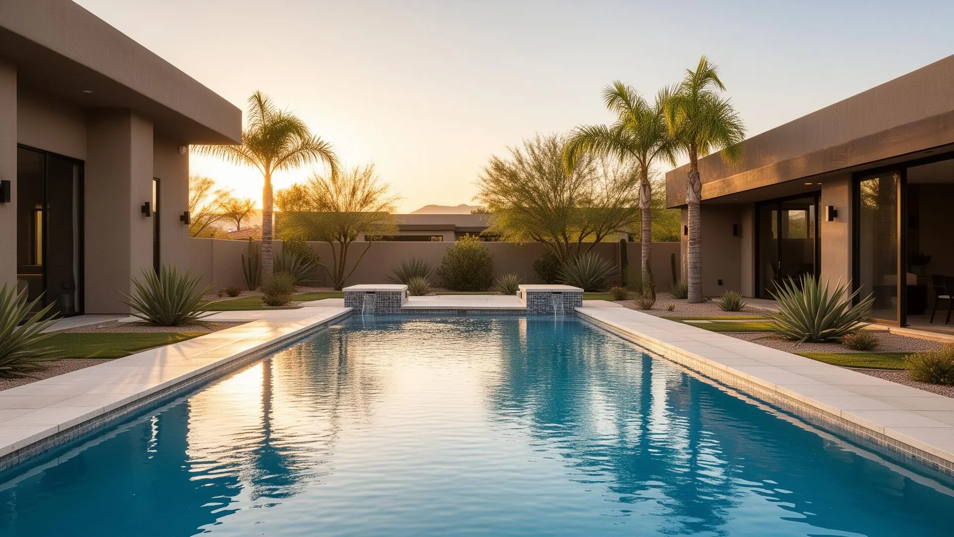 Modern Arizona backyard pool at golden hour